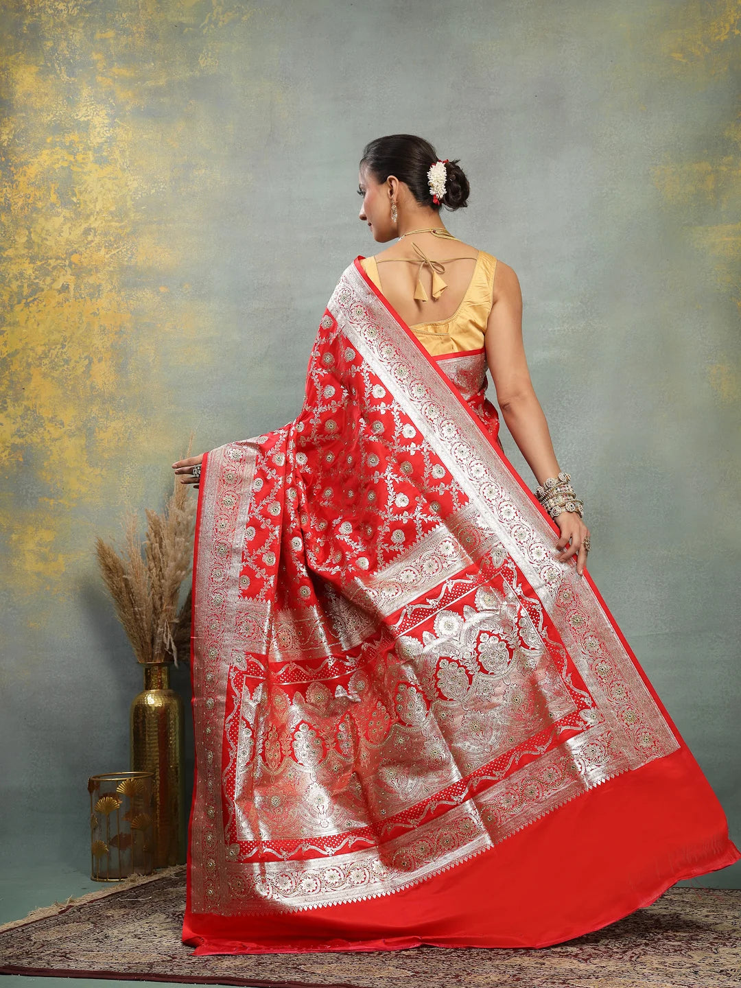 Full Length View of Heavy Red Banarasi Silk Wedding Saree