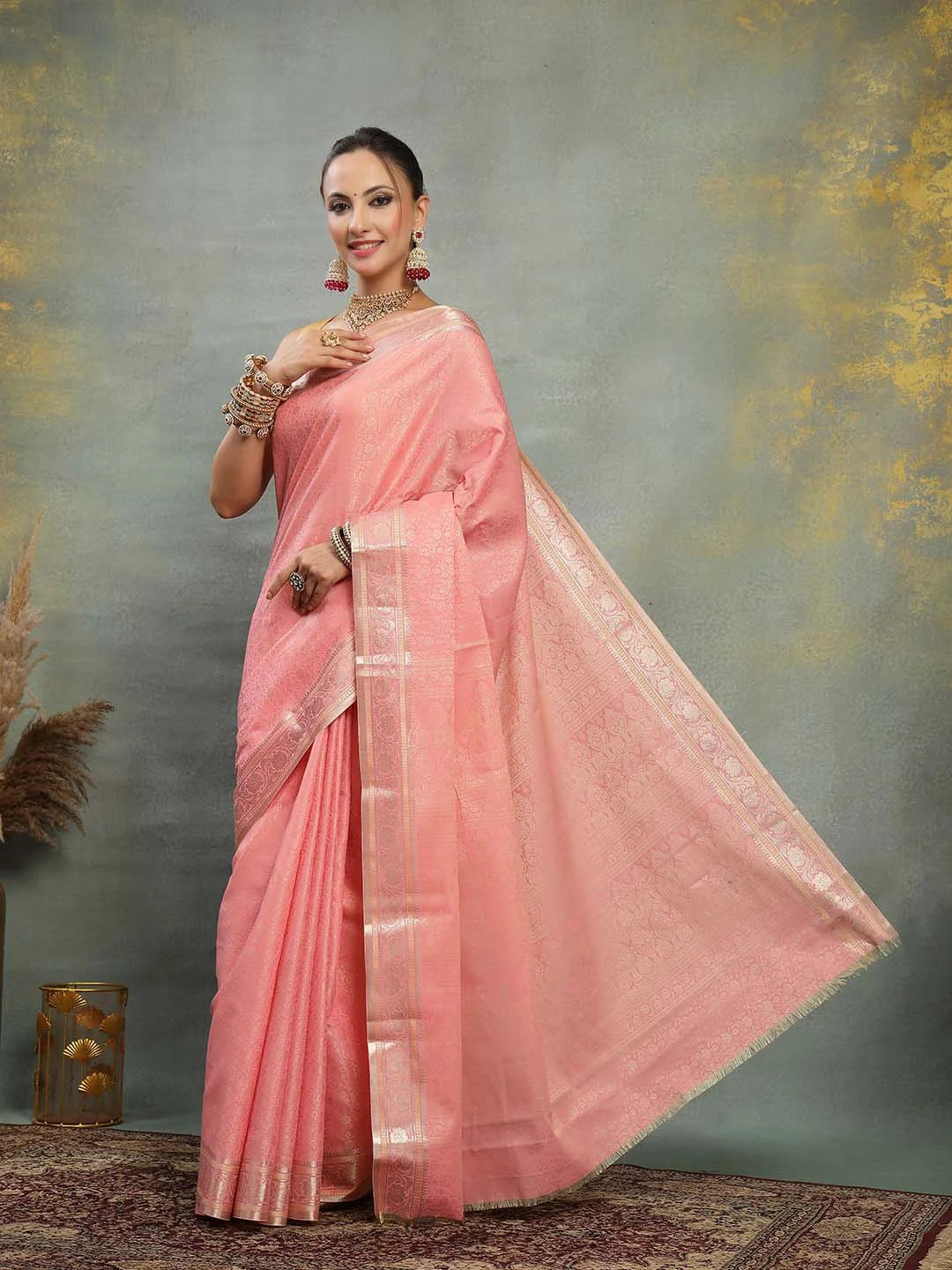 Full Length View of Pastel Peach Banarasi Silk Ethnic Saree