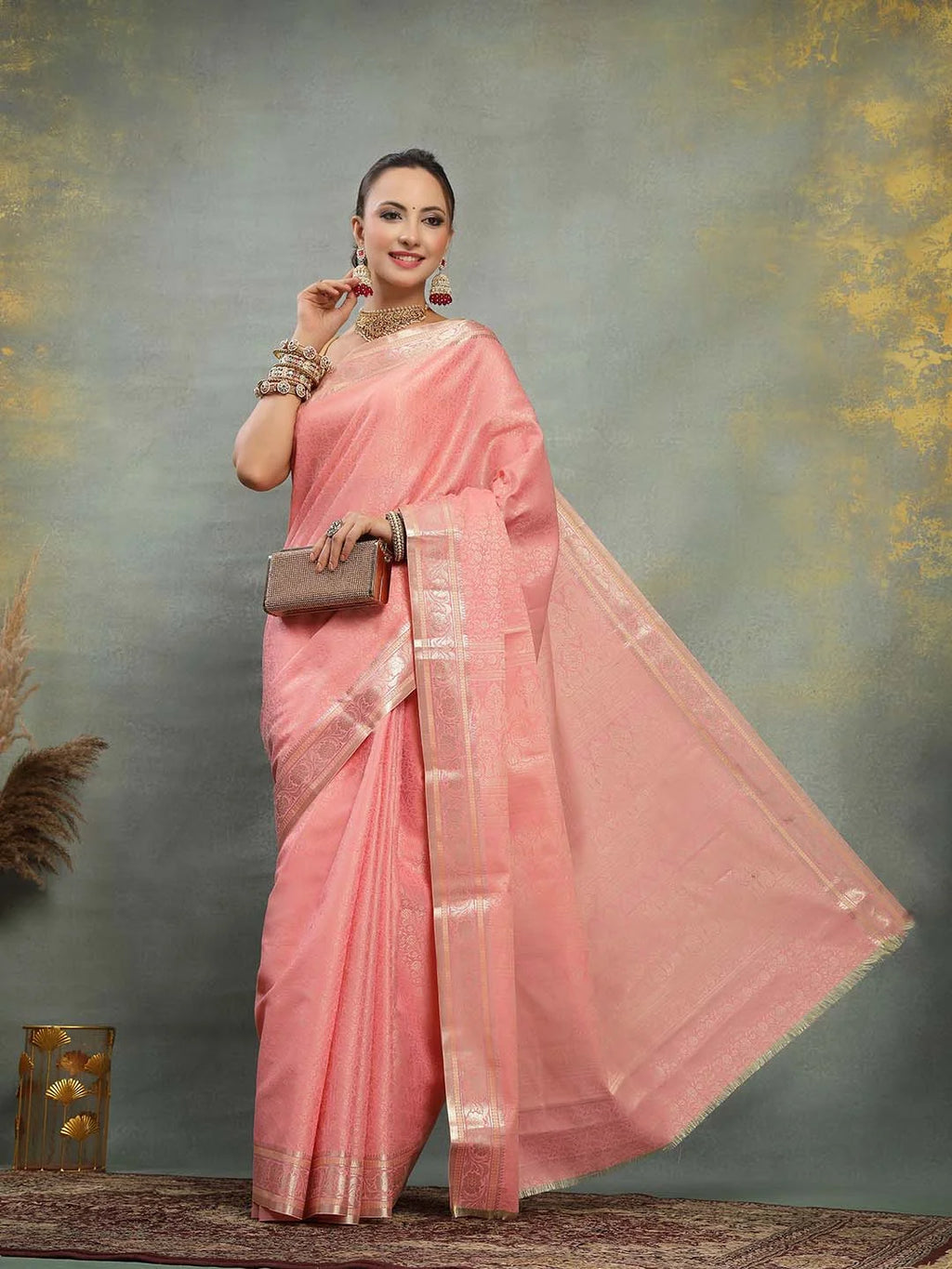 Peach Soft Banarasi Silk Saree with Silver Zari Border - Sukunj