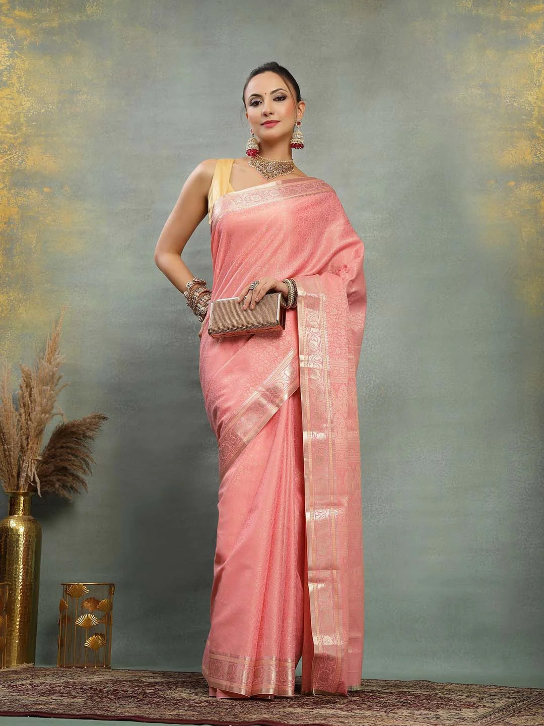 Side Drape View of Soft Peach Pink Banarasi Silk Saree