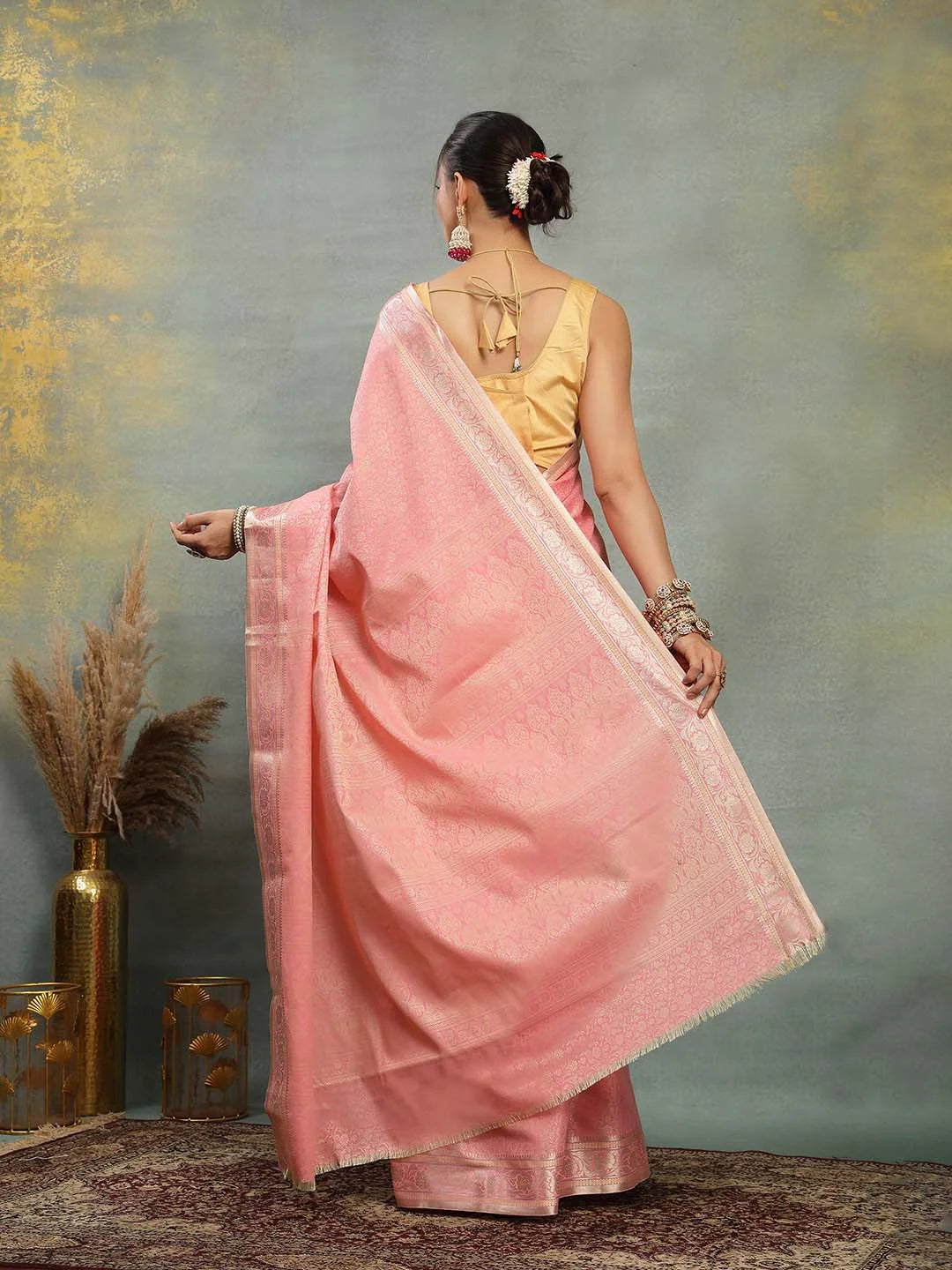 Back Angle View showing Graceful Drape of Peach Silk Saree