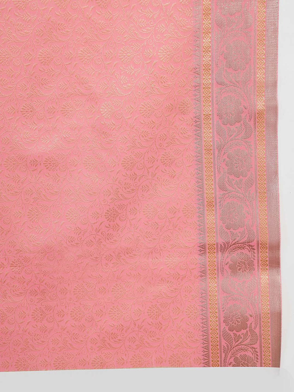 Close up Shot of Fine Silver Zari Border and Tonal Floral Weaving