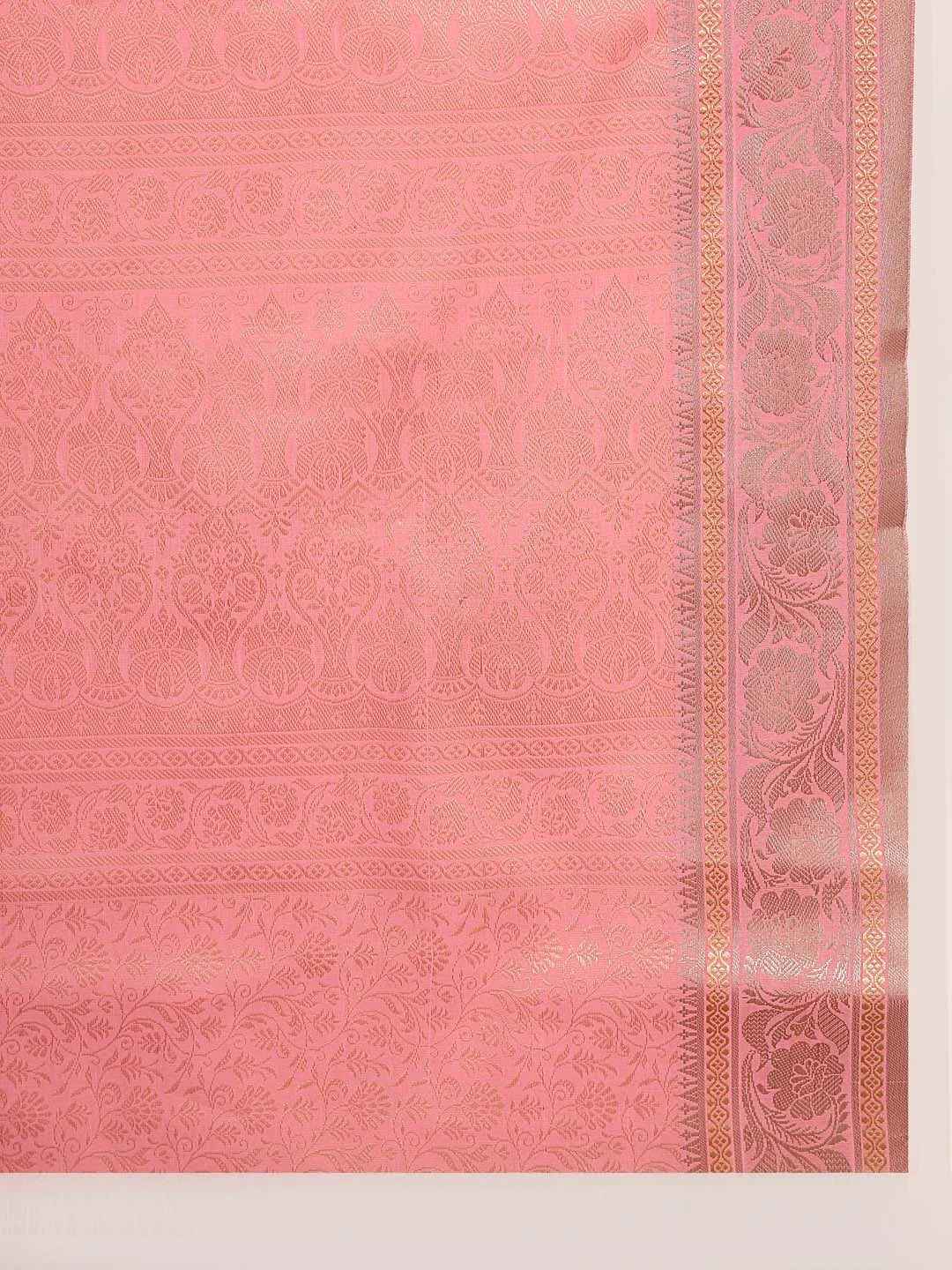 Close up Shot of Fine Silver Zari Border and Tonal Floral Weaving