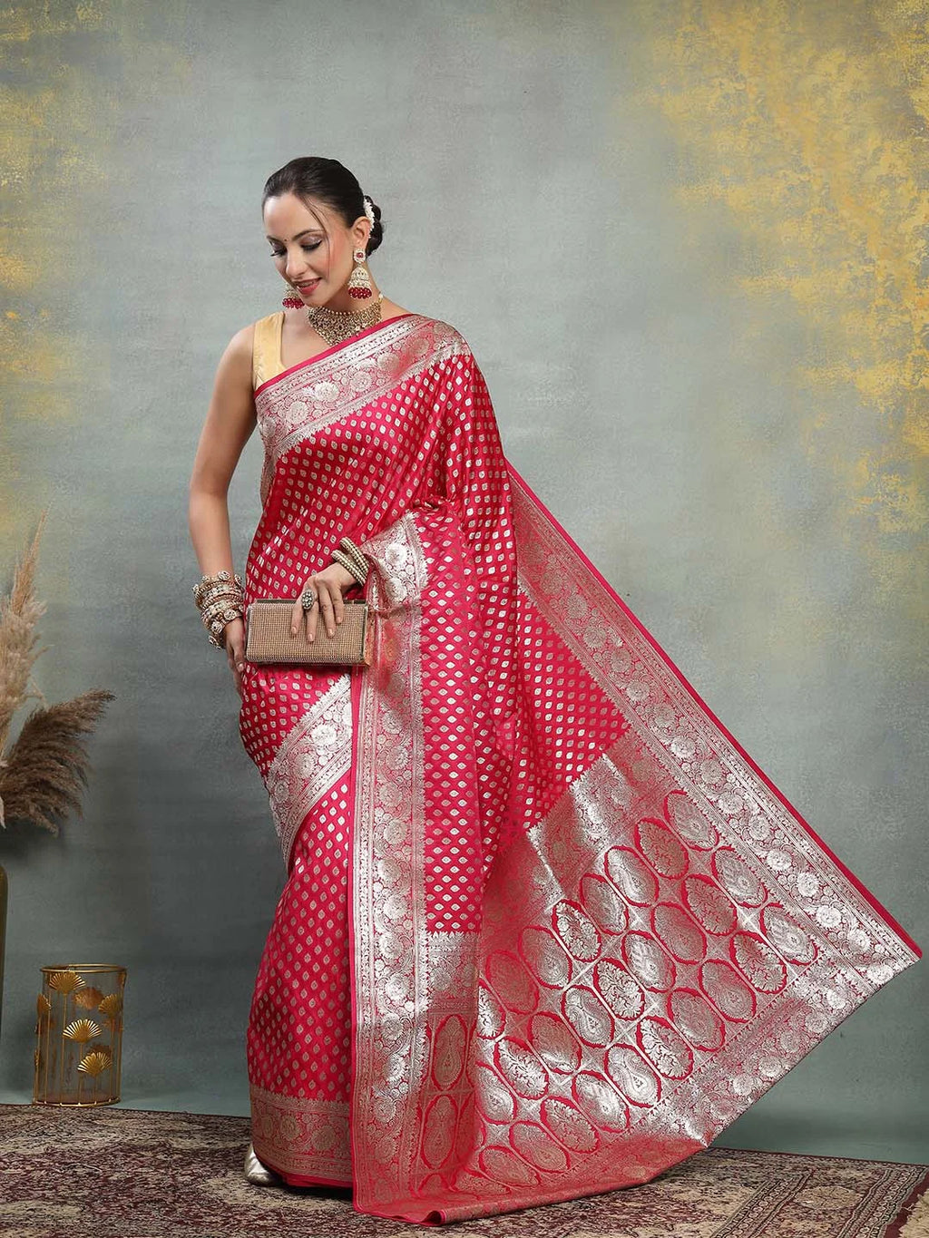 Side View of Vibrant Rani Pink Banarasi Silk Designer Saree