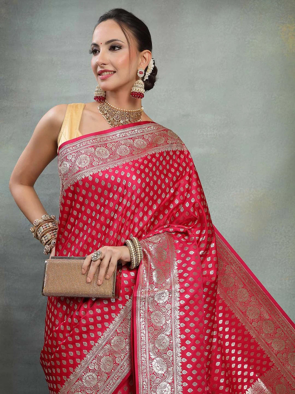 Model Portrait in Rani Pink Soft Banarasi Saree with Zari Work