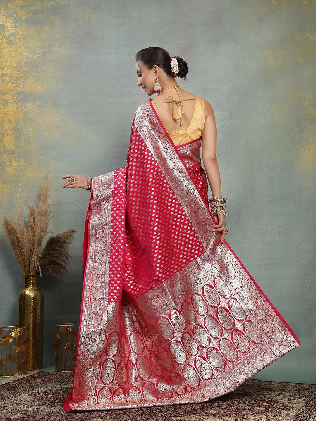 Model Sitting View in Rani Pink Banarasi Silk Wedding Saree