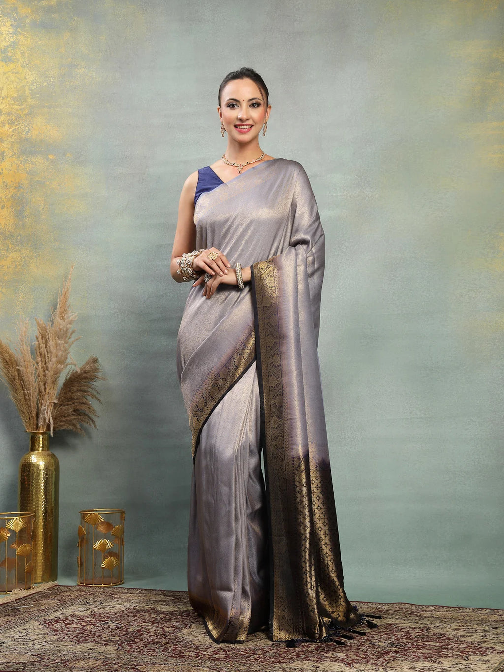 Silver Grey Soft Banarasi Silk Saree with Navy Blue Zari Border - Sukunj