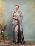 Silver Grey Soft Banarasi Silk Saree with Navy Blue Zari Border - Sukunj