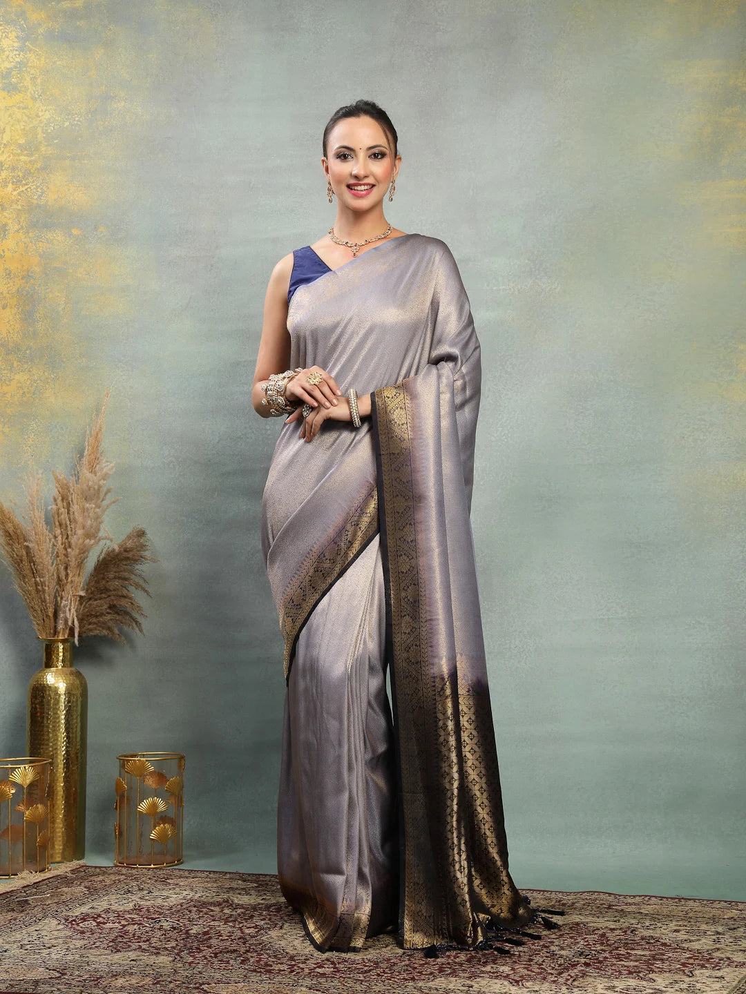 Silver Grey Soft Banarasi Silk Saree with Navy Blue Zari Border - Sukunj