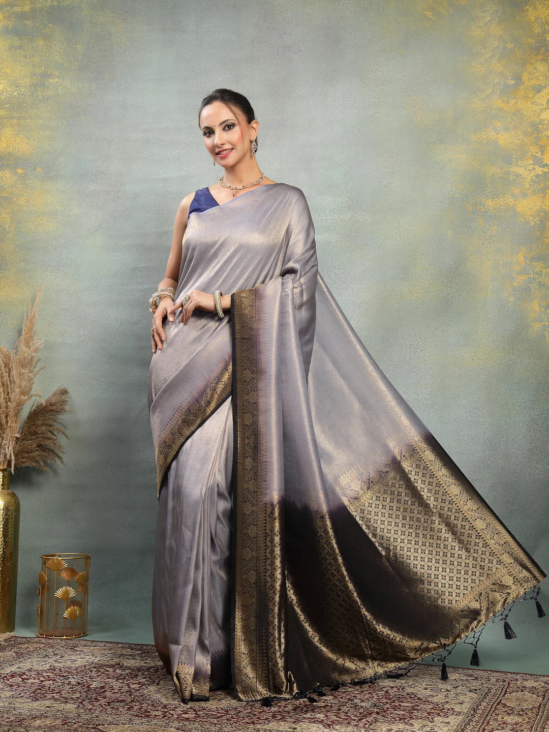 Side Drape View of Silver Grey Satin Finish Designer Saree
