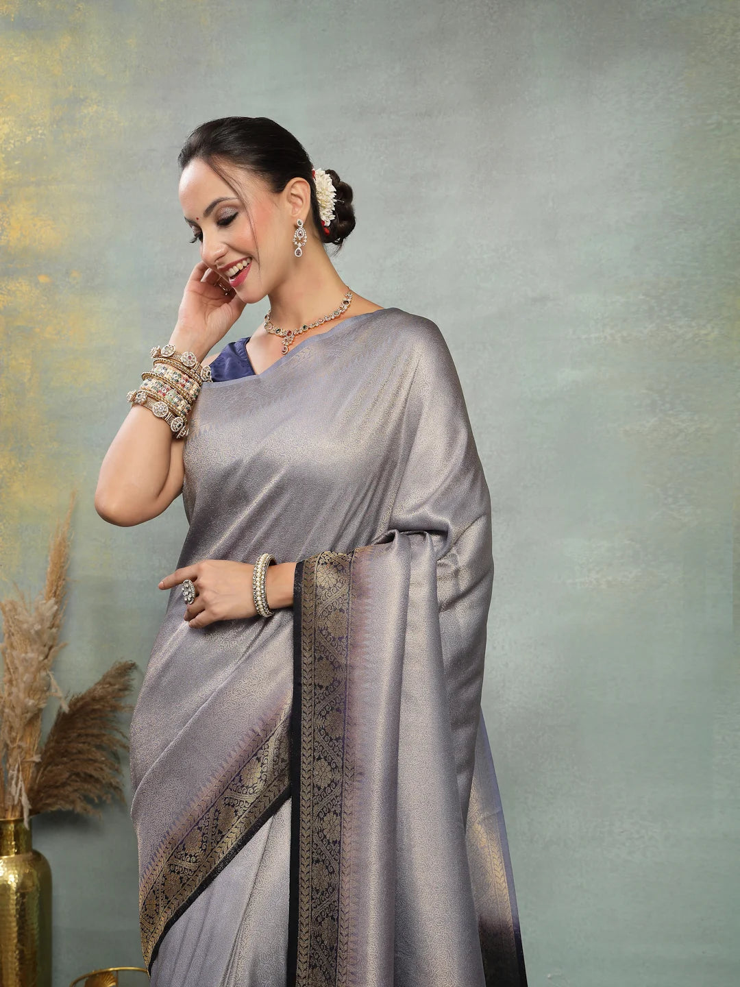 Model Portrait Wearing Silver Grey Soft Banarasi Silk Saree
