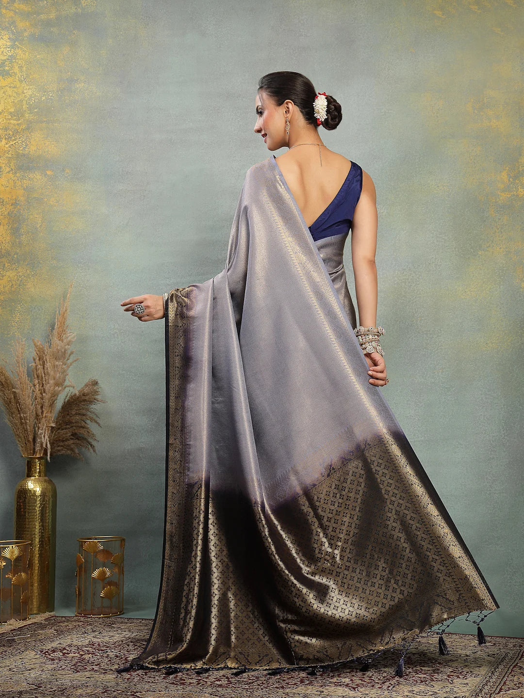Back Angle Drape View of Grey and Navy Blue Banarasi Saree