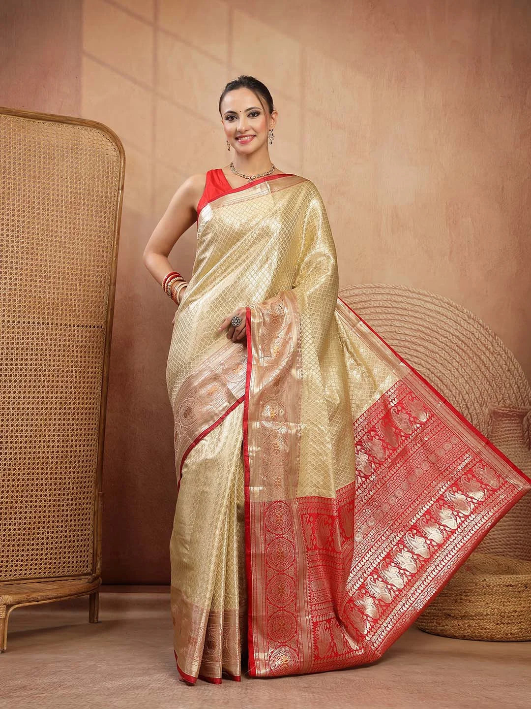 Golden Yellow Soft Banarasi Silk Saree with Red Zari Border - Sukunj