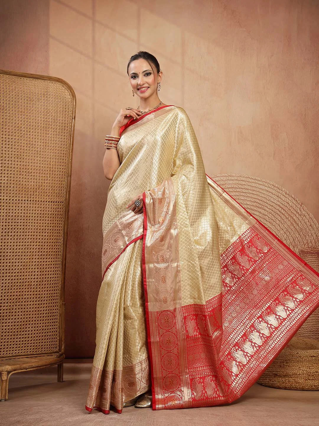 Back Drape View showing Contrasting Red Pallu on Yellow Base