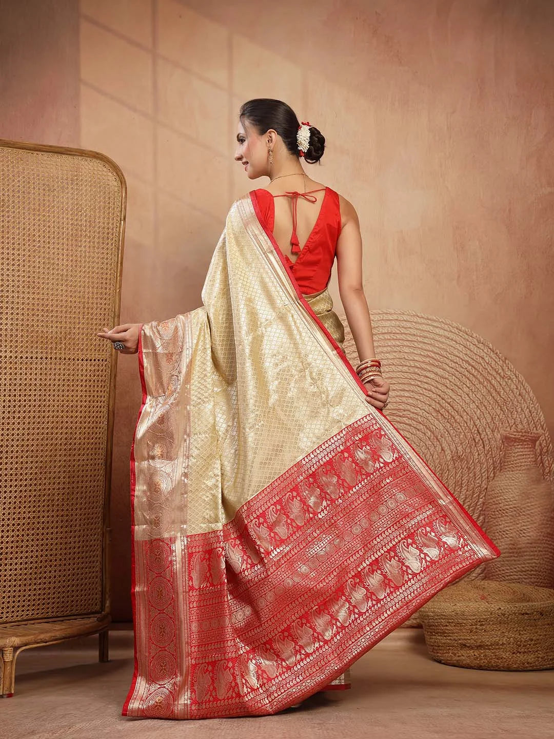 Model Wearing Yellow and Red Banarasi Silk Festive Saree