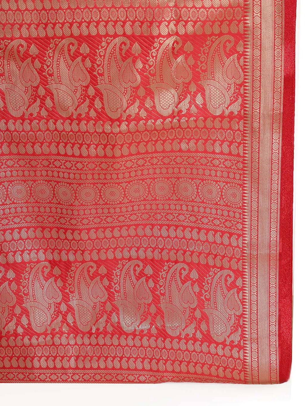 Close up Shot of Red Border with Silver Zari Peacock and Floral Motifs