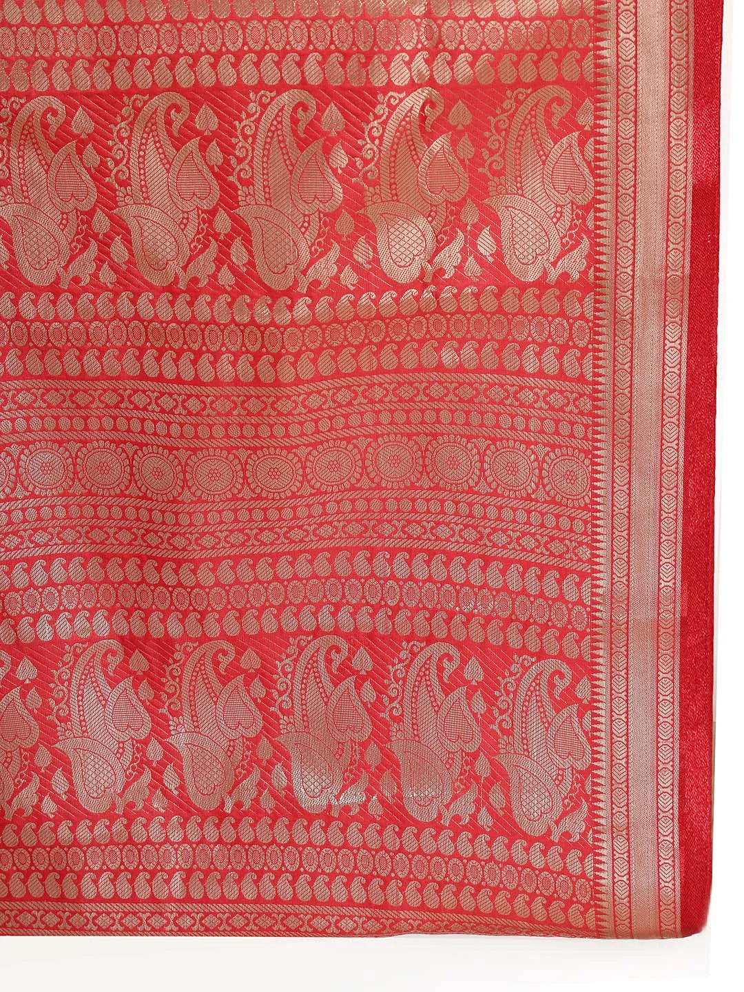 Close up Shot of Red Border with Silver Zari Peacock and Floral Motifs