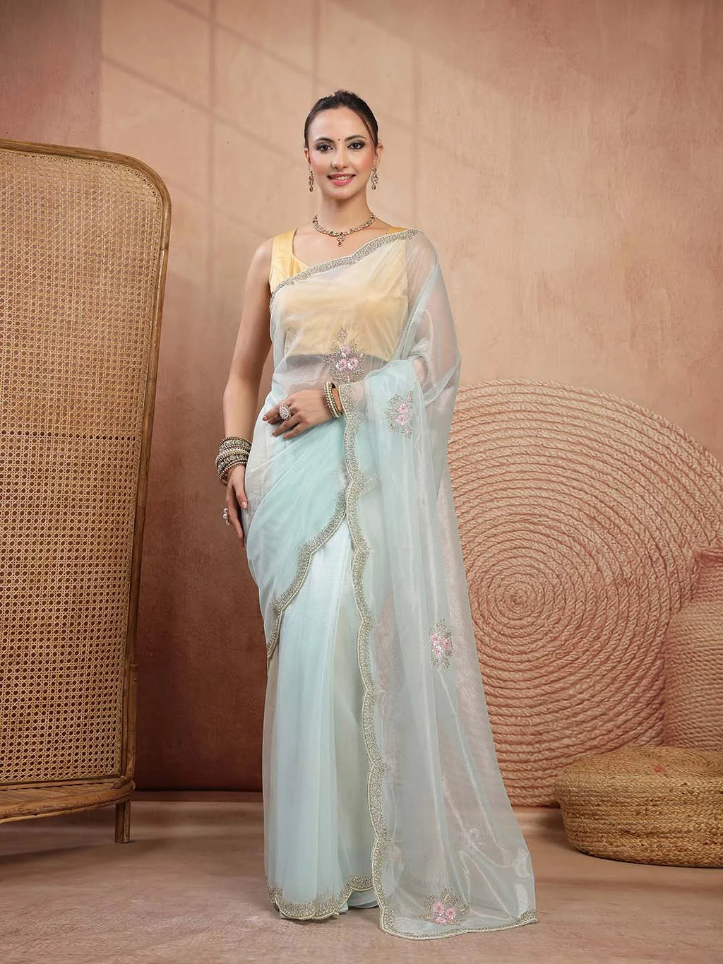 Mint Green Soft Twill Net Saree with Scalloped Embroidery Border - Sukunj
