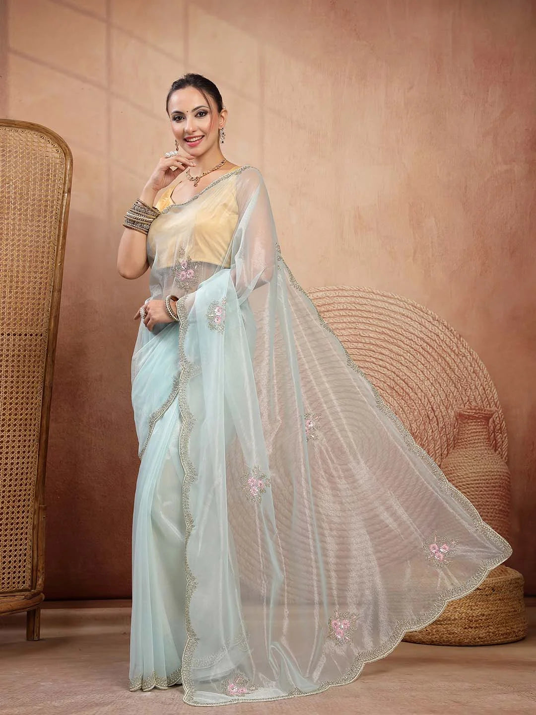 Side View of Firozi Mint Green Semi-Transparent Net Saree