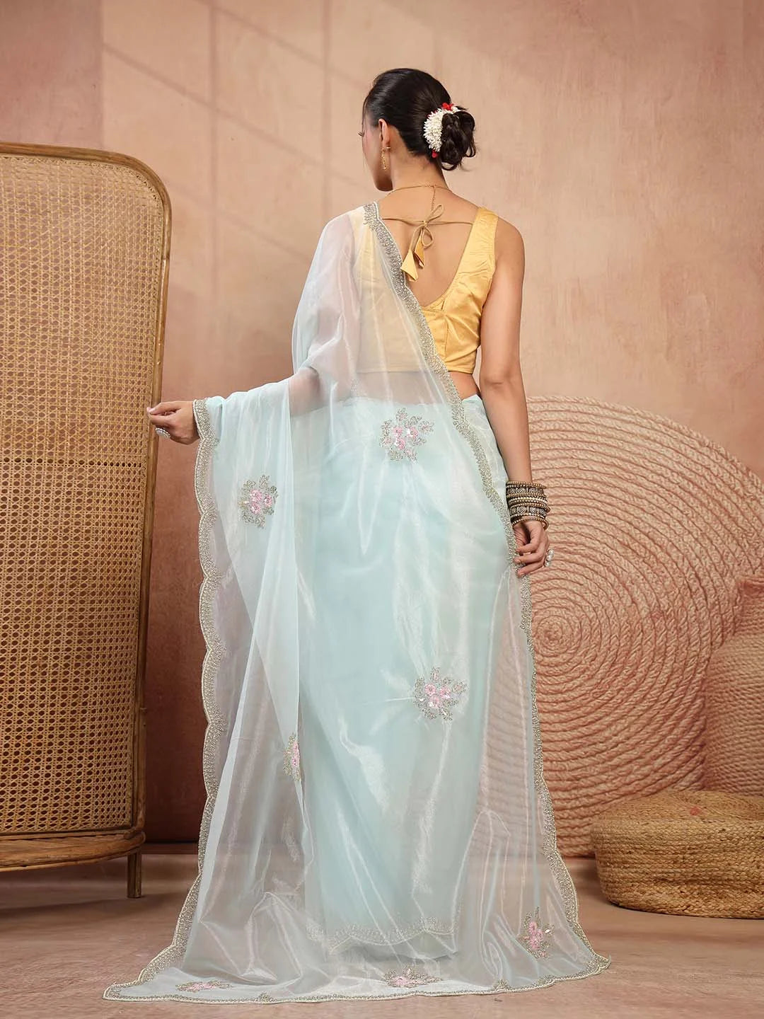 Back Drape View of Lightweight Twill Net Saree