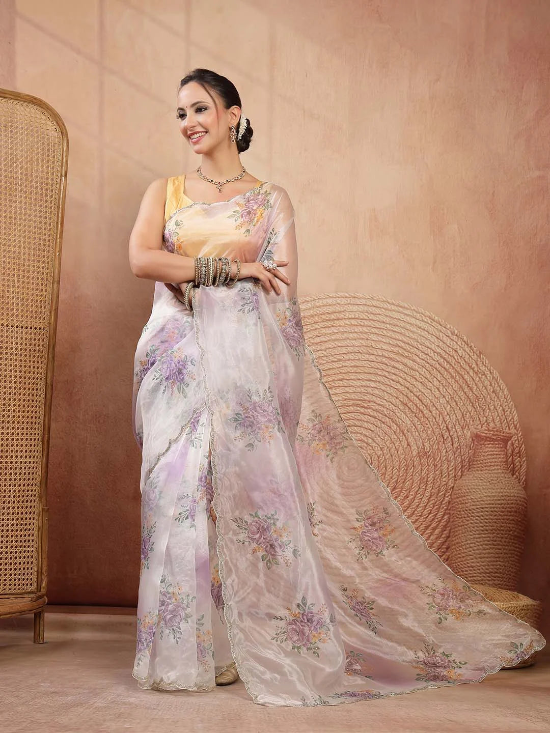 White and Lavender Soft Tissue Organza Saree with Floral Digital Print - Sukunj