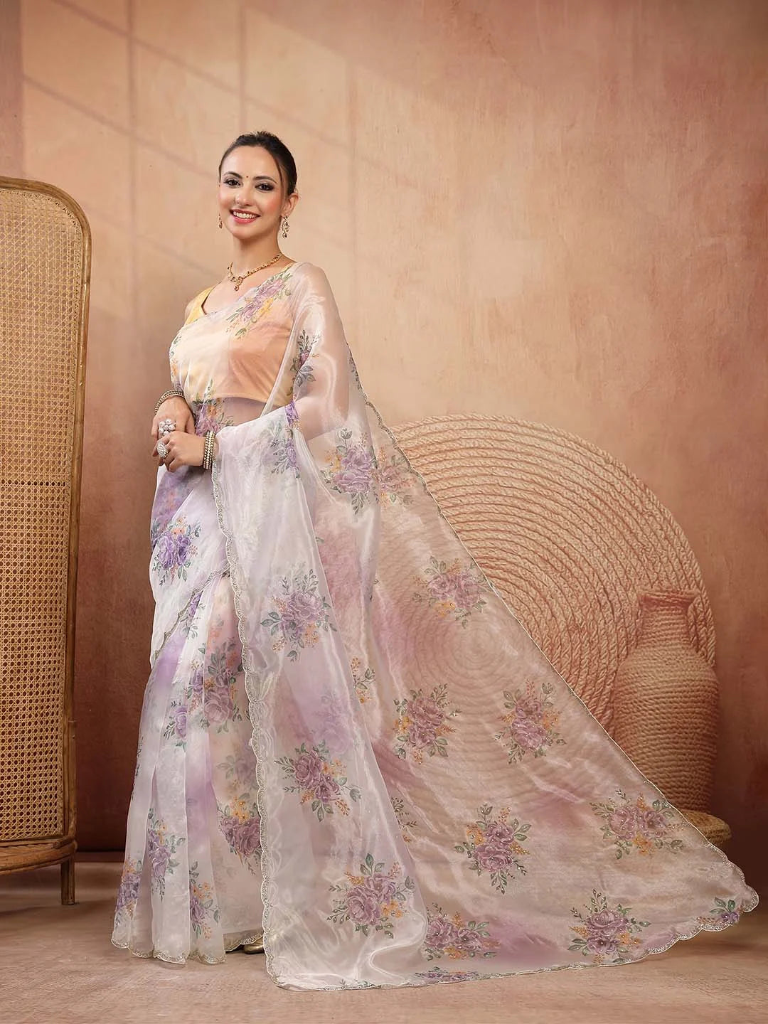 Side View of White Tissue Saree with Scalloped Embroidered Border