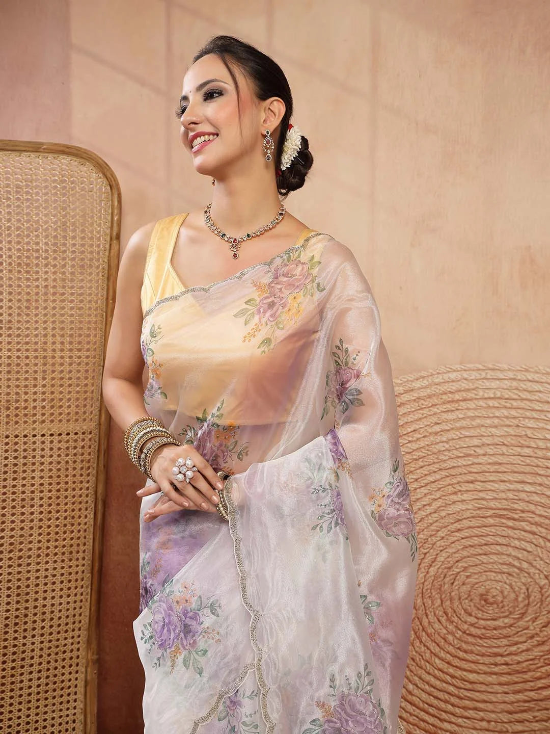 Model Portrait in Lavender Floral Printed Tissue Organza Saree