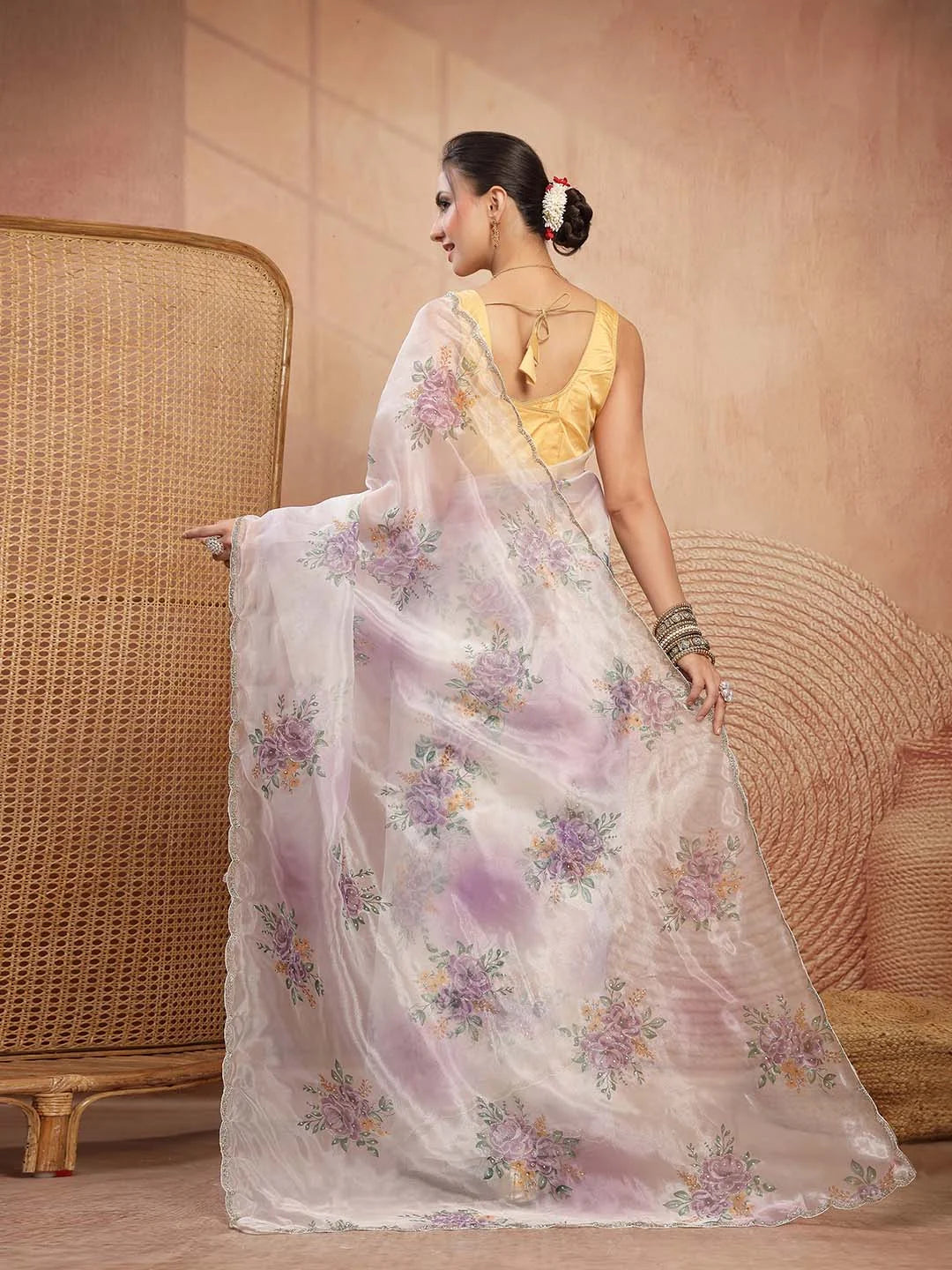Back Drape View of Lightweight Translucent Tissue Organza Saree