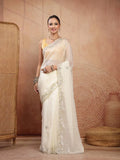 Cream Space Silk Saree with Embellished Silver Zari Border - Sukunj