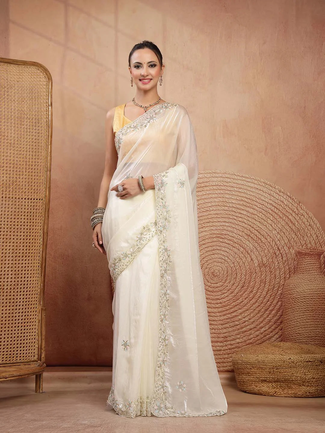 Cream Space Silk Saree with Embellished Silver Zari Border - Sukunj