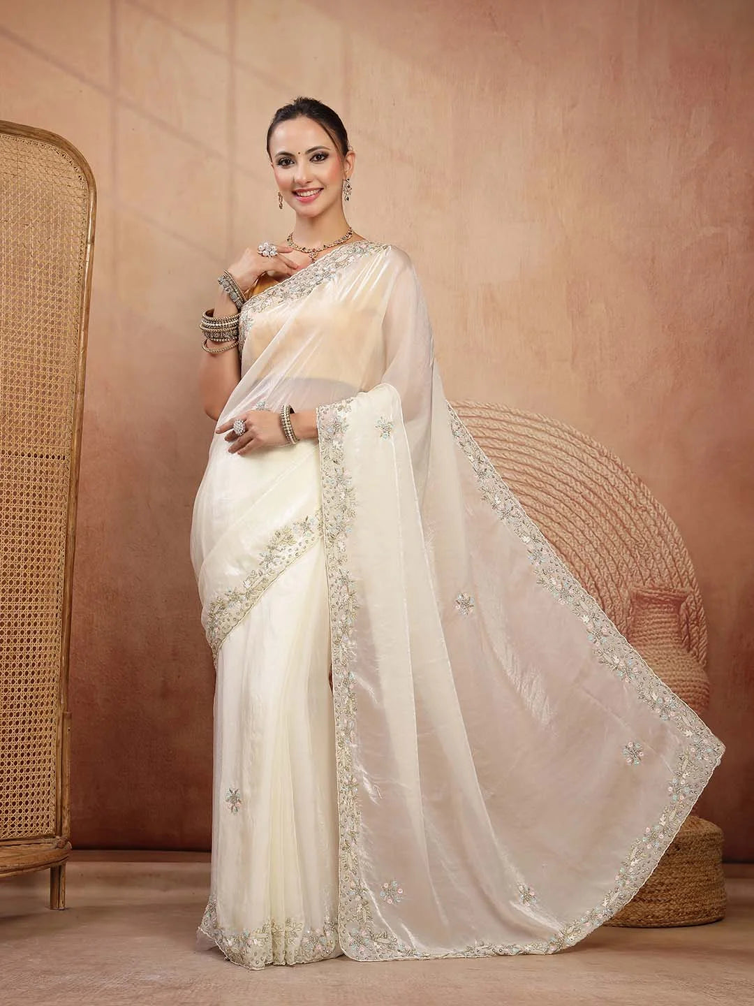 Side Drape View of Off-White Cream Silk Saree with Subtle Sparkle