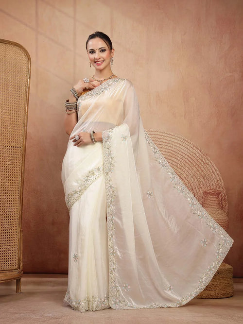 Side Drape View of Off-White Cream Silk Saree with Subtle Sparkle