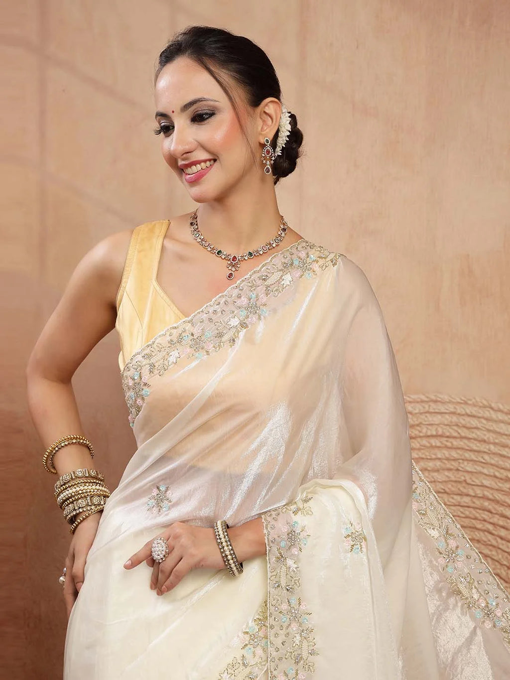 Model Portrait in Soft Cream Space Silk Designer Saree
