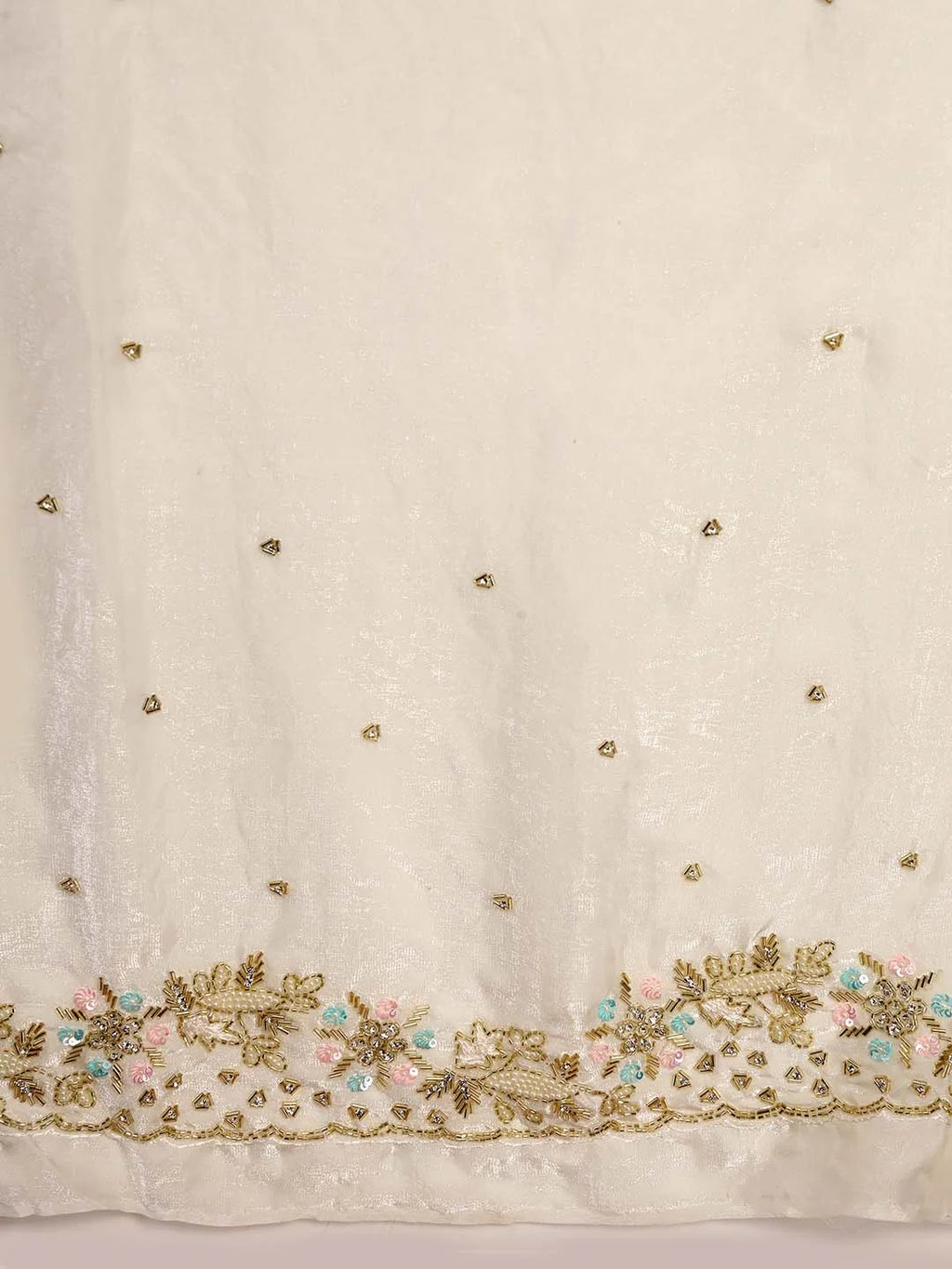Close up Shot of Silver and Pastel Threadwork Embroidery on Border