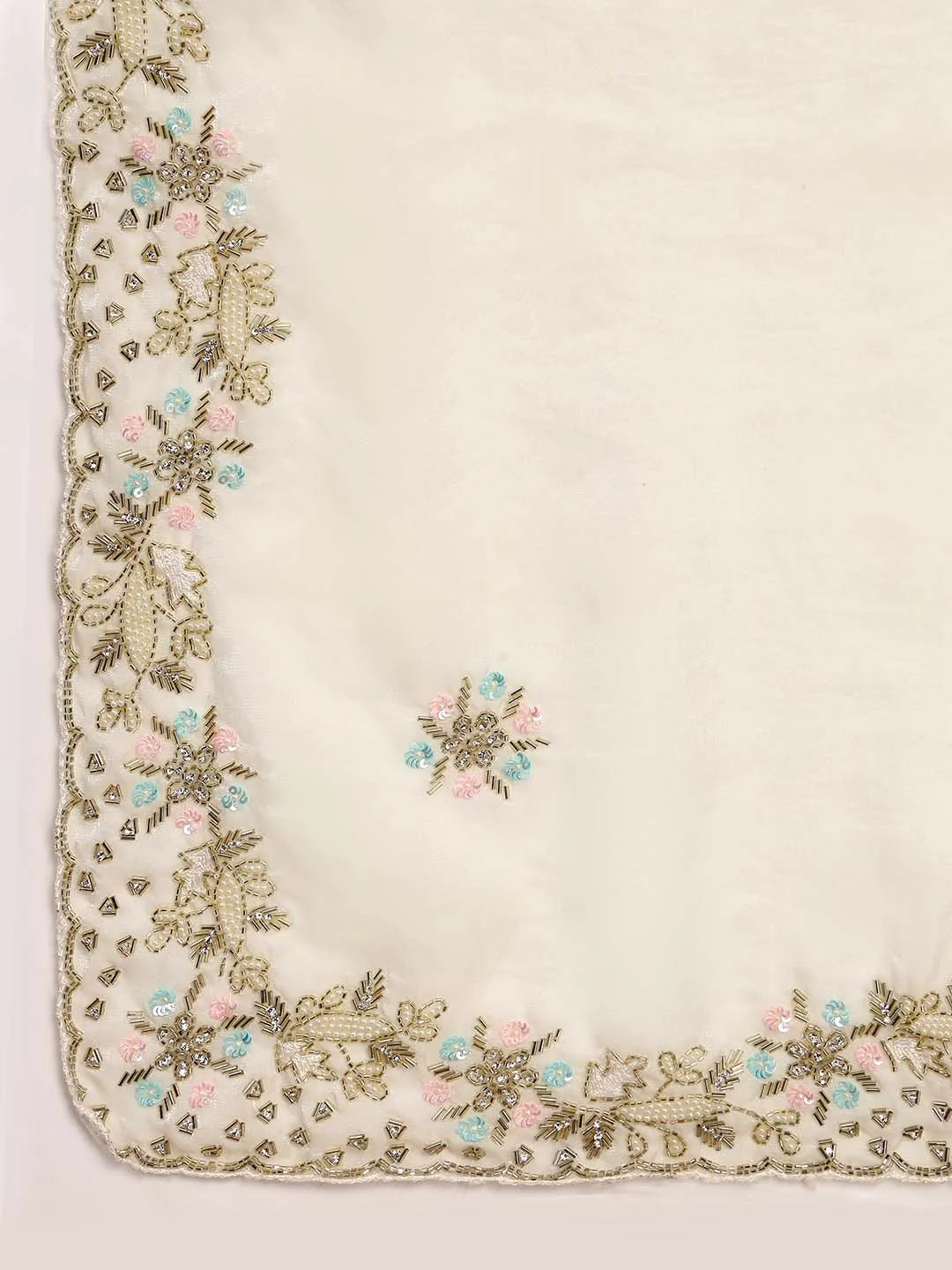 Close up View of Delicate Handwork Embellished Motifs on Silk Base