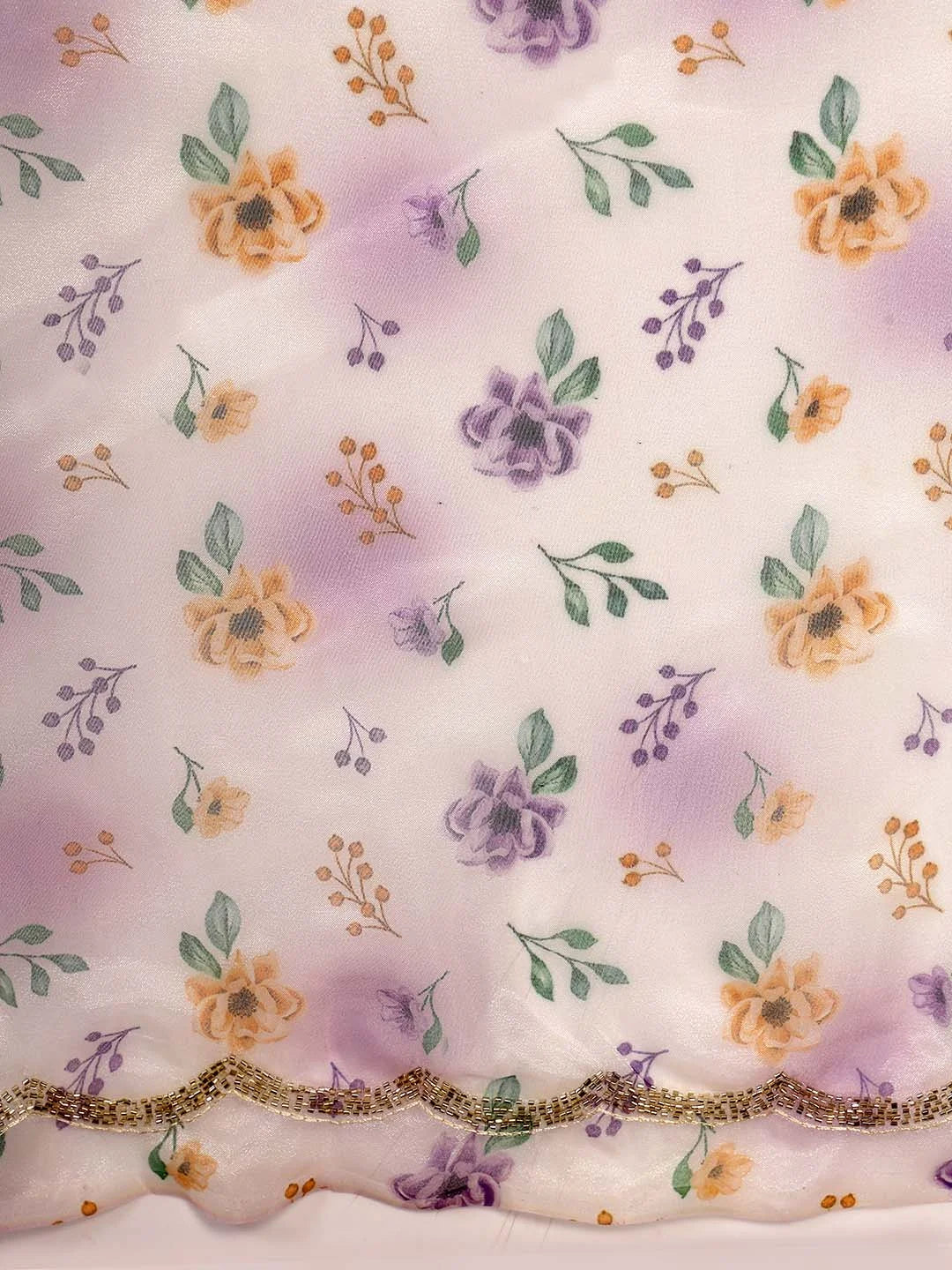 Close up Shot of Lavender Floral Digital Print on Tissue Organza Base