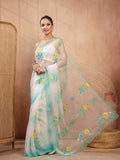 Ivory Soft Tissue Organza Saree with Turquoise Handpainted Floral Motifs - Sukunj