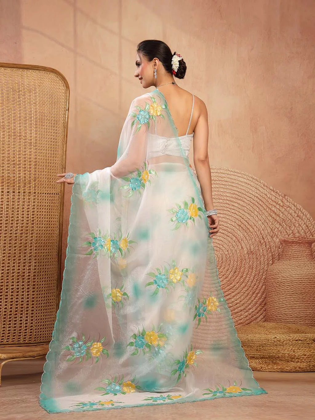 Back Drape View showing Graceful Fall of Printed Tissue Saree