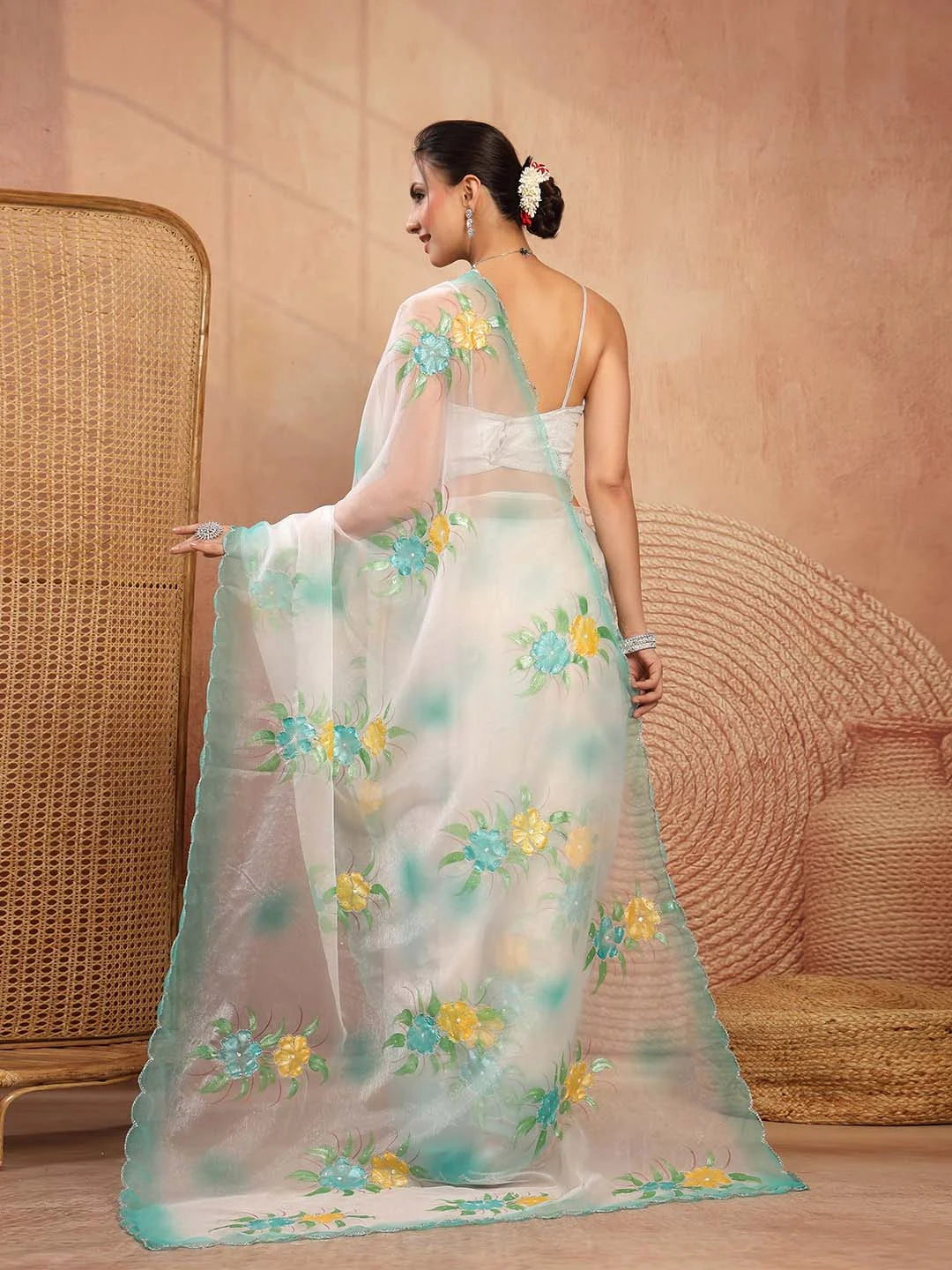 Back Drape View showing Graceful Fall of Printed Tissue Saree
