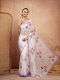 White Shimmer Chiffon Saree with Purple Floral Print and Cutdana Work - Sukunj