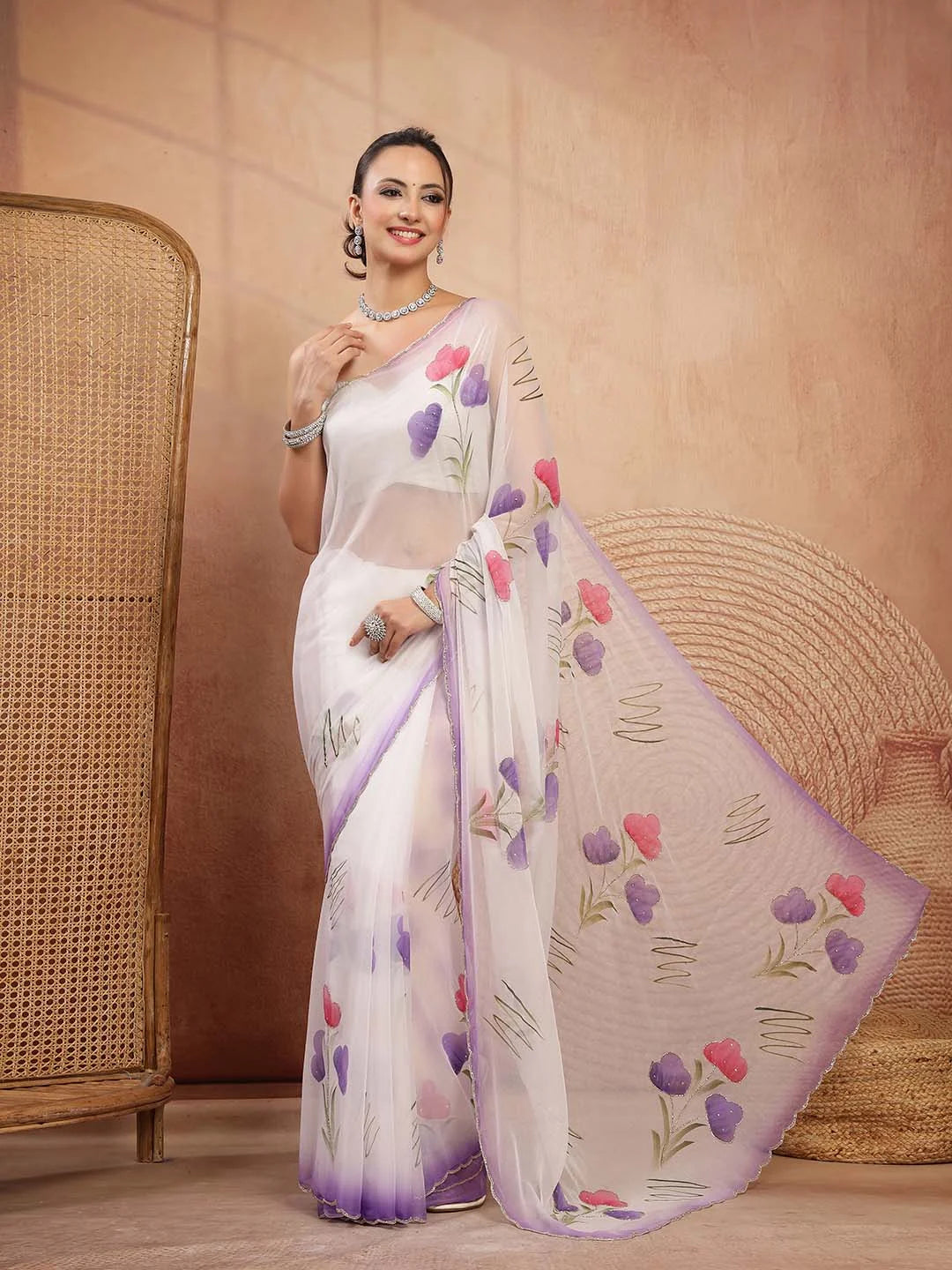 White Shimmer Chiffon Saree with Purple Floral Print and Cutdana Work - Sukunj