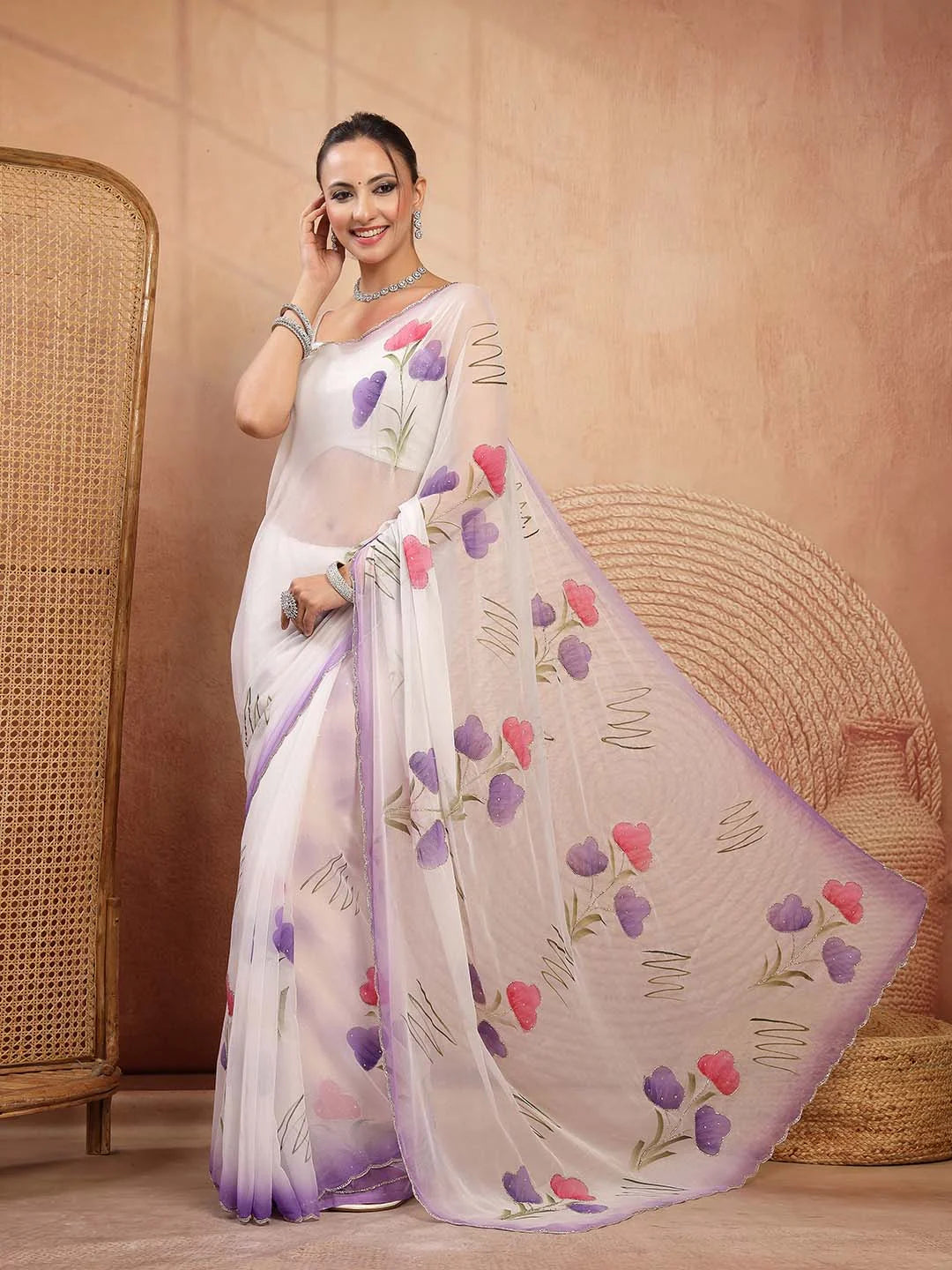 Side View of Flowy Shimmer Chiffon Saree with Delicate Floral Prints