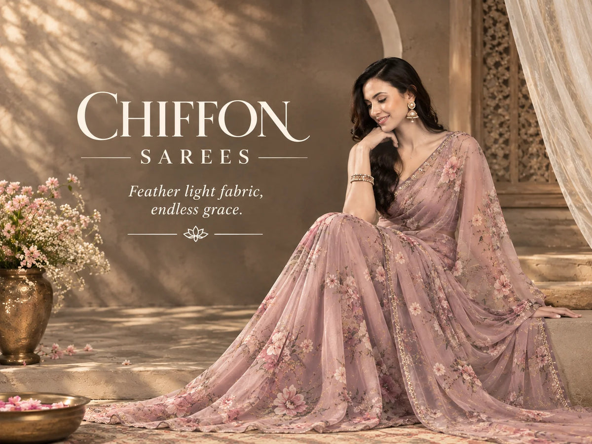 A woman models a wearing sukunj chiffon saree.
