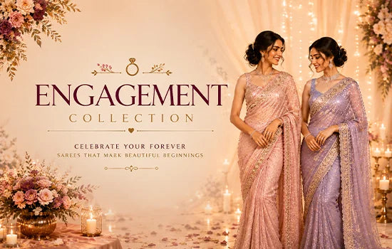 Two women wearing elegant embroidered sarees for the engagement collection.