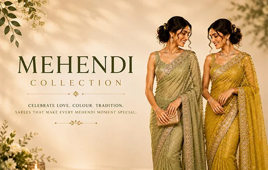 Two women wearing elegant Mehndi sarees stand together for sukunj mehendi collection.
