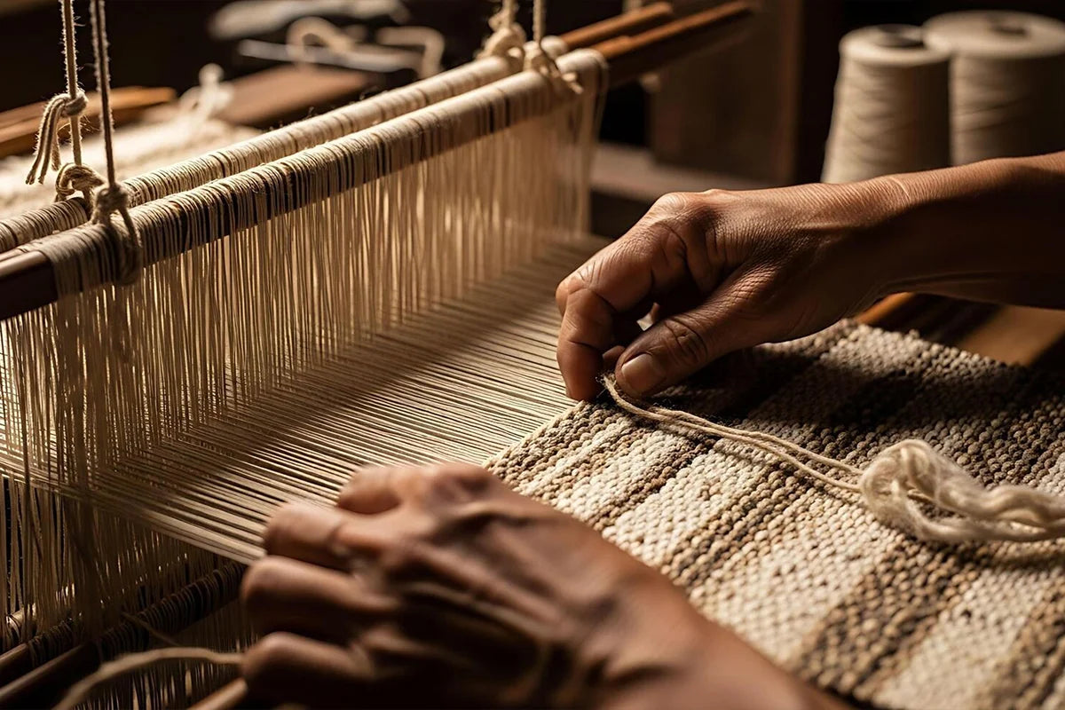 Close-up of a handweaver's hands operating a traditional loom to weave a textured fabric, with warm golden-brown lighting and spools of thread in the background.
