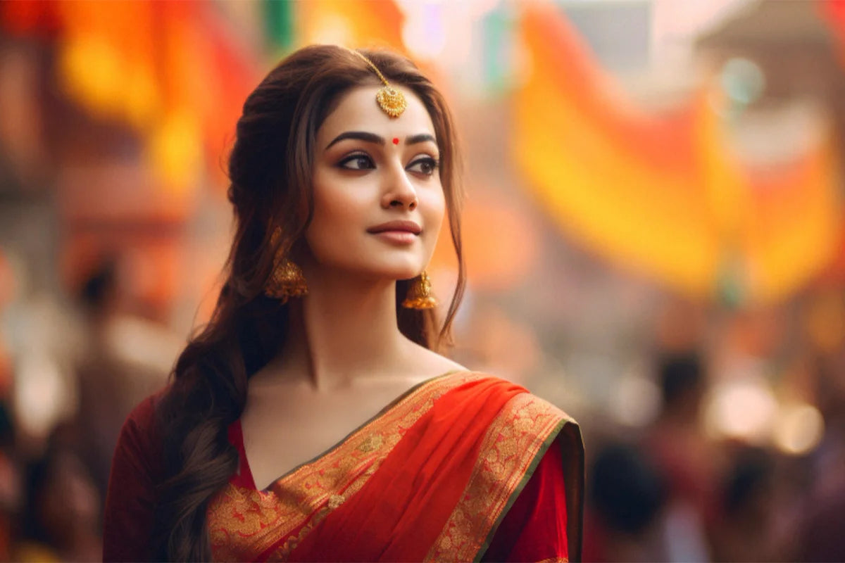 A woman wearing a red and gold traditional sari with gold jewellery, sukunj saree