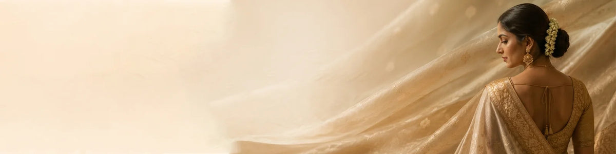 A woman in profile wearing a flowing beige and gold traditional garment with a draped fabric background, set against a warm beige backdrop.