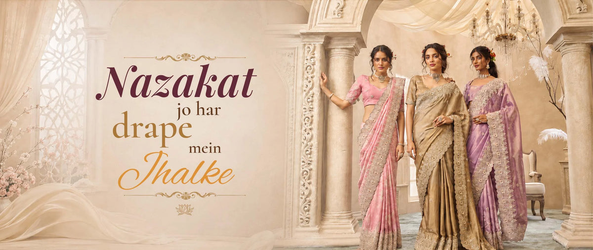 Three women in ornate traditional Indian sarees stand in an elegant indoor setting.