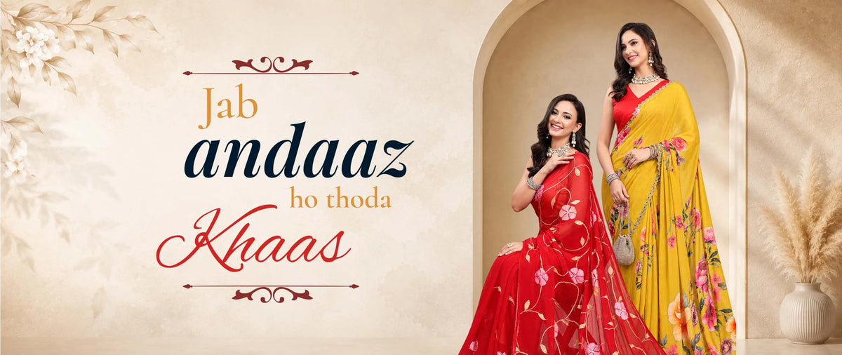 A promotional fashion banner featuring two women modelling traditional Indian sarees in an arched interior setting.